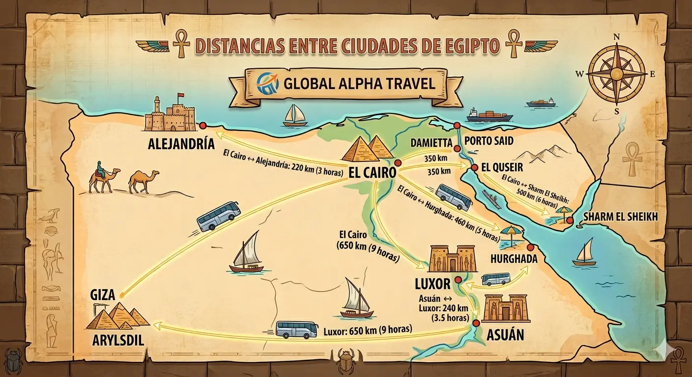Tabla de distancias entre ciudades turísticas de Egipto en kilómetros